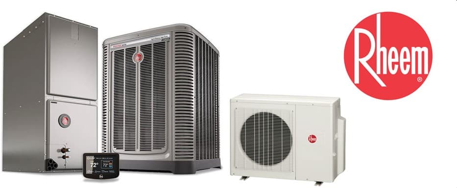 Rheem HVAC system with furnace, condenser, thermostat, and heat pump